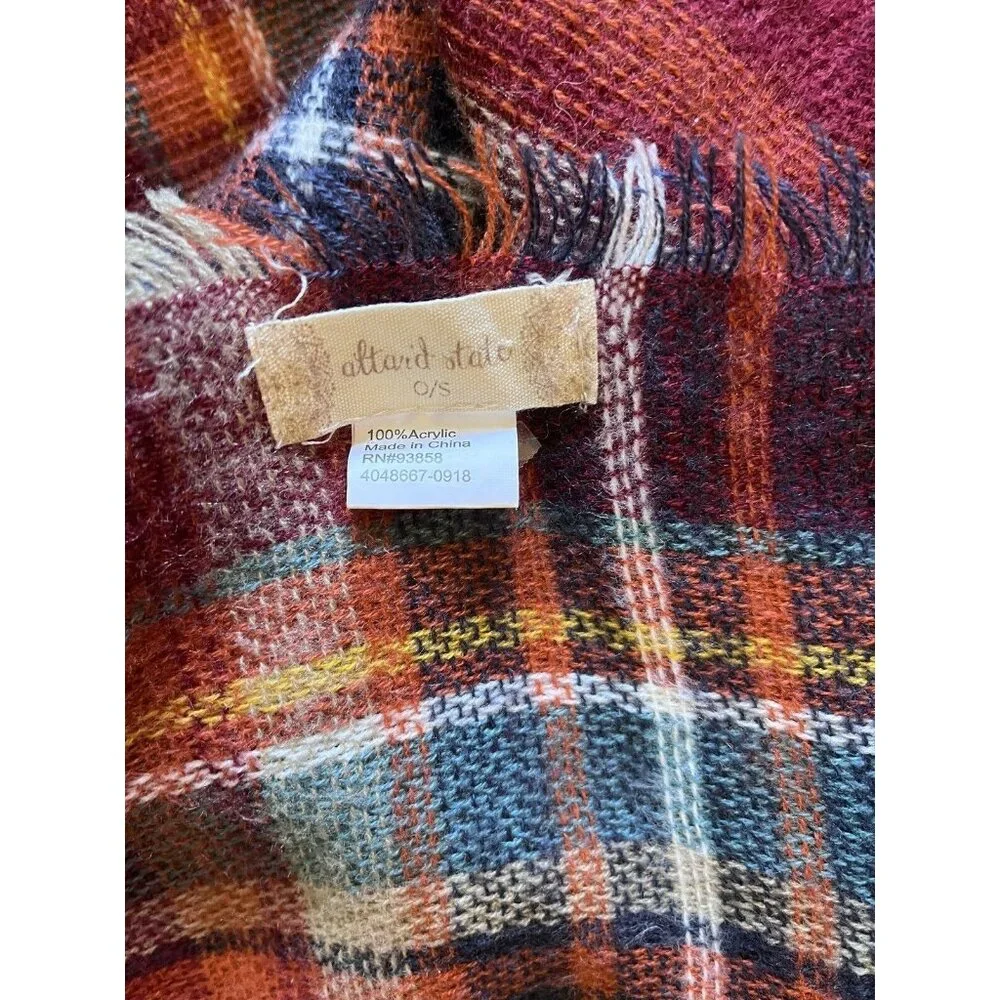 Altar'd State Super Soft Maroon Orange Teal Plaid Fringed Wrap Throw Scarf 52x52